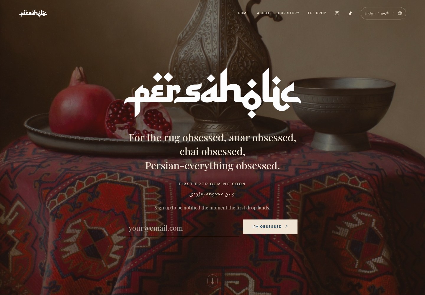 PERSAHOLIC landing page, with its Persian logotype over pomegranates, a patterned rug and a tea set